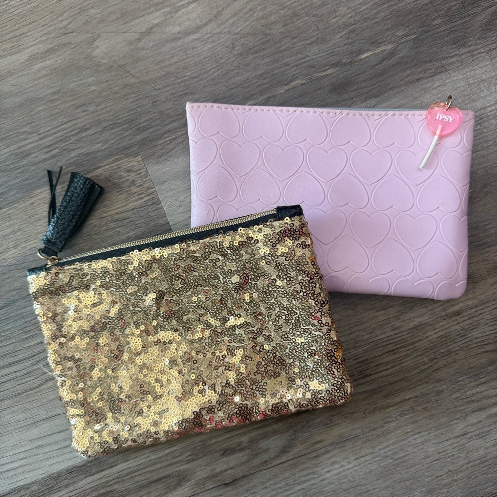 Set of 2 Ipsy makeup travel cosmetic clutch bags pouches hearts sequins